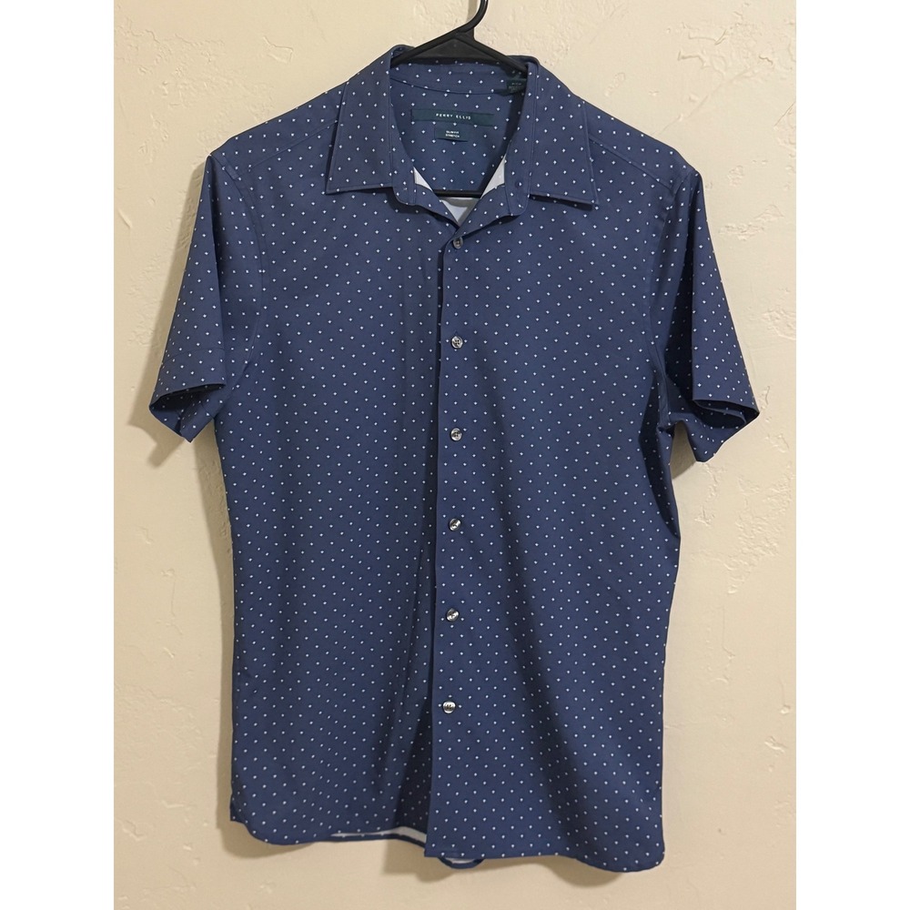 Perry Ellis M navy polka dot crown print slim stretch button shirt M